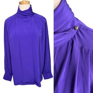 Foxcroft vintage pleated mock neck royal purple secretary blouse size 10 medium